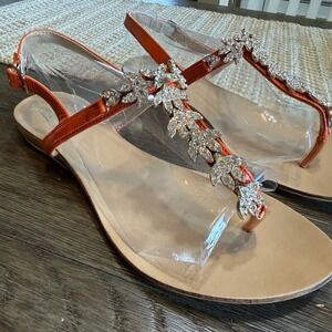 GC Shoes Water Lillies Orange Rhinestone Floral T-Strap Flat Sandals Womens 10